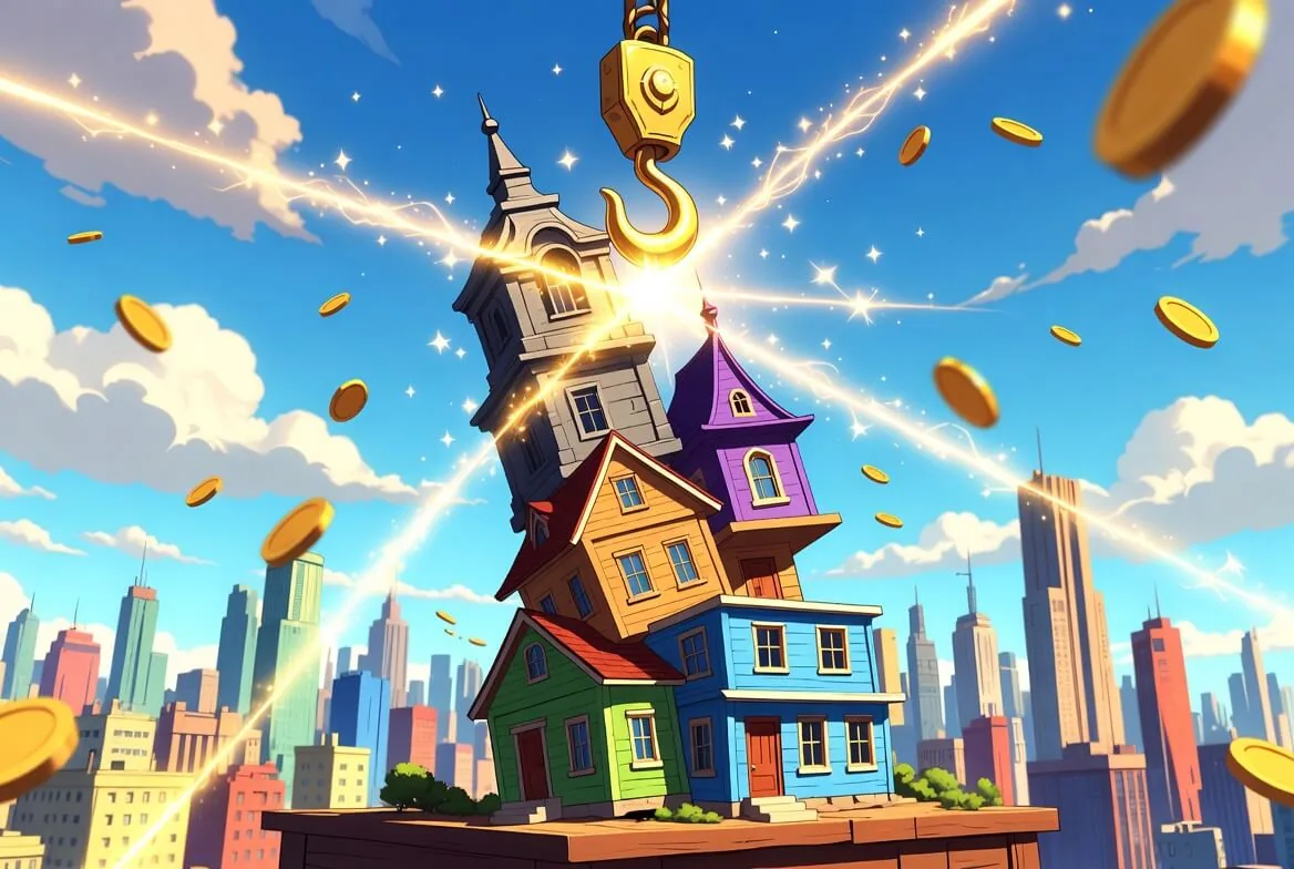 Tower Rush crash game skyline with a crane lifting a tower floor